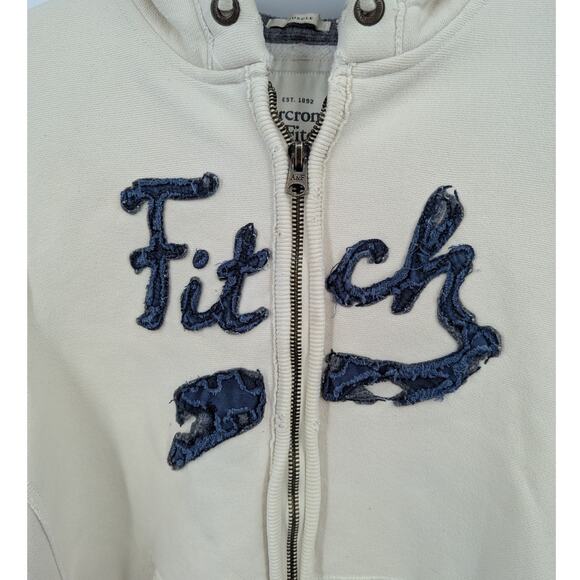 Y2K Abercrombie Fitch Cream Hoodie Zip Up Distressed Logo Spellout M - Picture 3 of 10